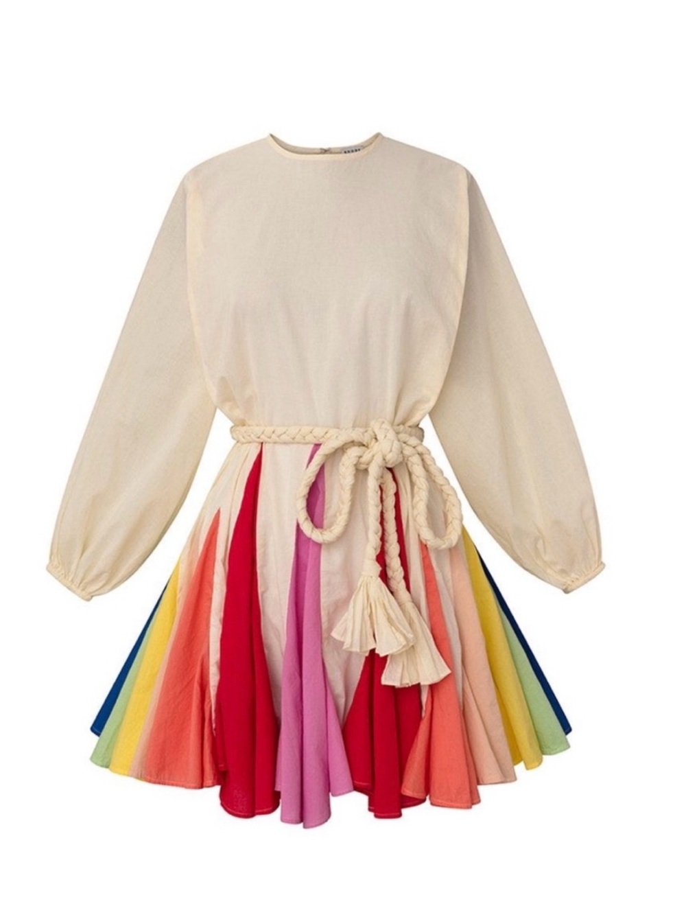 RHODE Cream Long-Sleeve Mini Dress with Rainbow Panel Skirt and Braided Rope Tie